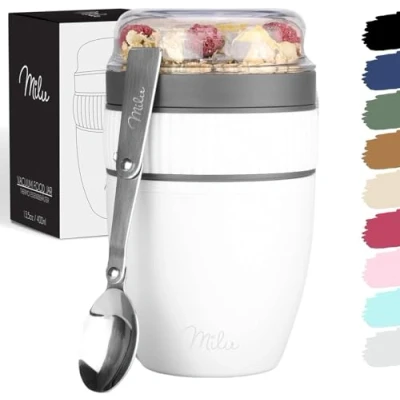 Abbildung von Milu Müslibecher to go 400ml &quot;MüsliMax&quot; Plastik Joghurtbecher für Müsli I auslaufsicherer Becher mit Löffel Yoghurt/Porridge (Weiß)