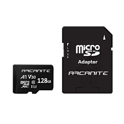 Abbildung von ARCANITE 128 GB microSDXC Speicherkarte mit SD Adapter — A1, UHS I U3, V30, 4K, C10, microSD, maximale Lesegeschwindigkeit von 90 MB/s