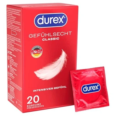 Abbildung von Durex Gefühlsecht Classic Kondome Dünne mit anatomischer Easy On Form &amp; Silikongleitgel befeuchtet 20er Pack (1 x 20 Stück)