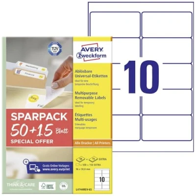 Abbildung von AVERY Zweckform L4744REV 65 Universal Etiketten (500 plus 150 Klebeetiketten extra, 96x50,8mm auf A4, wieder rückstandsfrei ablösbar/abziehbar, bedruckbar, selbstklebende Aufkleber) Blatt, weiß