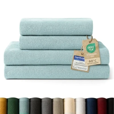 Abbildung von Blumtal Premium Frottier Handtücher Set mit Aufhängschlaufen Baumwolle Oeko TEX Zertifiziert, weich, saugstark 2X Badetuch (70x140 cm), Handtuch (50x100 Hellblau