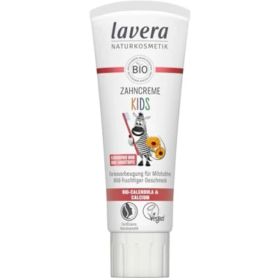 Abbildung von lavera Zahncreme Kids FLUORIDFREI ohne Farbstoffe schützt Milchzähne mild fruchtig Bio Calendula &amp; Calcium Vegan 75 ml