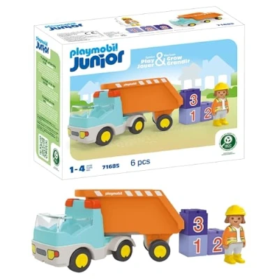 Abbildung von PLAYMOBIL JUNIOR Kipplaster nachhaltiges Spielzeug für Kinder ab 1 Jahr inklusive Bauarbeiterin und DREI Bausteinen 71685