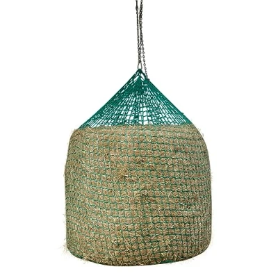 Abbildung von Kerbl Heunetz für Rundballen zum Aufhängen (Maschenweite 4,5 x cm, ø 150 cm/Höhe 180 Farbe grün, engmaschiges Futternetz, Pferde, Verlängerung der Fresszeiten) 321606