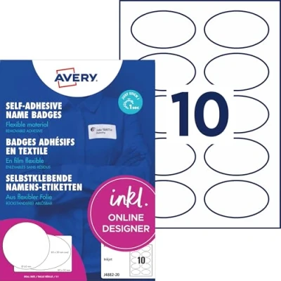 Abbildung von Avery Zweckform J4882 20 Namensetiketten (200 Namensaufkleber, 85x50 mm auf A4, selbstklebend, bedruckbare ovale Textiletiketten für Inkjetdrucker, rückstandsfrei ablösbar) Blatt, weiß