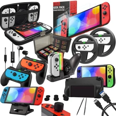 Abbildung von Orzly Switch Accessories Bundle Geek Pack for Nintendo Switch: Case &amp; Screen Protector, Joycon Grips Racing Wheels, Tablet Controller Charge Docks More [15in1] Black