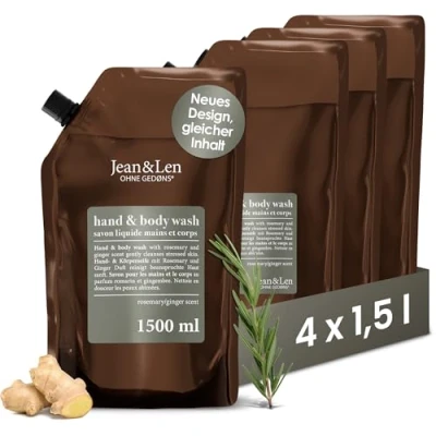 Abbildung von Jean &amp; Len Hand Body Wash Rosemary und Ginger im Nachfüllbeutel, reinigt pflegt die Haut, praktisches Set, würzig frischer Duft, Flüssigseife Nachfüllpack, ohne Silikone Parabene, 4 x 1,5L