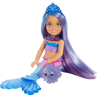 Abbildung von Barbie Mermaid Power, Chelsea Puppe, Meerjungfrau mit blauem &amp; lila Haar, Krone, Meerjungfrauenschwanz, Zubehör, Geschenk für Kinder ab 3 Jahre,HHG57