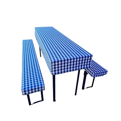 Abbildung von Bierzeltgarnitur Auflage (3er Set) aus 1x Tischdecke und 2X Bierbankhussen. Größe Farben wählbar. (220 x 70 cm, Blau kariert)