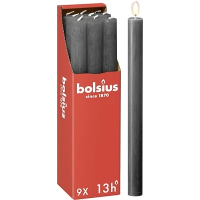 Abbildung von Bolsius Rustik Stabkerzen Anthrazit 9 Stück 27 x 2.3 cm Länge Brenndauer 13 Stunden Unparfümierte Enthält Natürliches Pflanzenwachs Ohne Palmöl