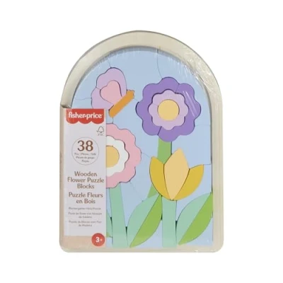 Abbildung von Fisher Price Spielzeug für Kindergartenkinder Blumengarten Holz Puzzle mit Stapelblöcken, 37 FSC zertifizierte Holzteile Kinder ab 3 Jahren, HXT97