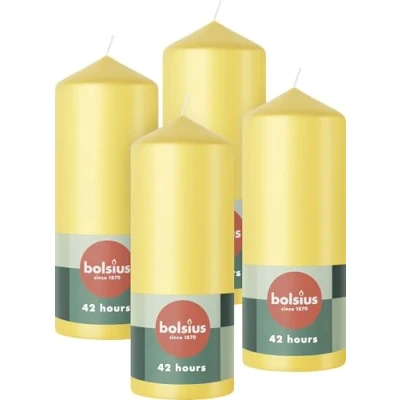 Abbildung von Bolsius Glatte Stumpenkerzen Gelb 4 Stück 15 x 6 cm Dekorative Haushaltkerzen Länge Brenndauer 42 Stunden Unparfümierte Enthält Natürliches Pflanzenwachs Ohne Palmöl