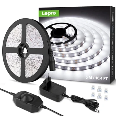Abbildung von Lepro LED Strip Kaltweiß 5M, Streifen Kaltweiss 6000K Dimmbar, 300 LEDs, 12V Selbstklebend, IP20 Band, Weiß Flexible DIY Leiste, Lichtband Kette mit Netzteil für Innen Küche Dekoration