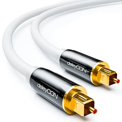 Abbildung von deleyCON 1m Optisches Digital Audio Kabel S/PDIF 2x Toslink Stecker LWL Lichtwellenleiter Metallstecker 5mm Flexibel Weiß