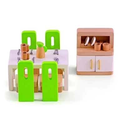 Abbildung von Hape E3454 Esszimmer, grüne Stühle/weißer Tisch/schrank mit weißen Türen, Klein
