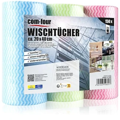 Abbildung von com four® 150x Putztücher auf Rolle Reinigungstücher für Küche, Bad und Haushalt Mehrzweck Lappen in DREI Farben Putzlappen (0150 Blatt 20x40cm 3 Farben)