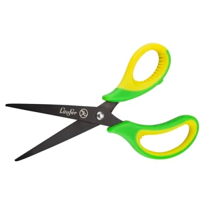 Abbildung von Läufer 87324 Ergonomische Bastelschere für Linkshänder, spitz, grün/gelb, Schulschere ab 1. Klasse