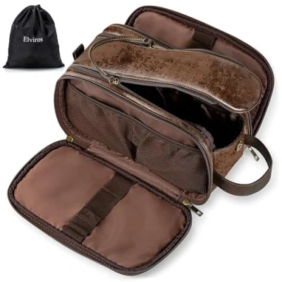 Abbildung von Elviros Kulturbeutel PU Leder für Herren große wasserdichte Reise Kulturtasche Waschtasche im Bade Kosmetiktasche mit einem Nass Trockenbeutel, Schokoladenbraun