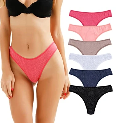 Abbildung von KNITLORD 6er Pack Damen Strings, Unterwäsche aus Baumwolle, Atmungsaktive Unterhosen, Frauen Weich Thong Mehrpack Basisfarben L