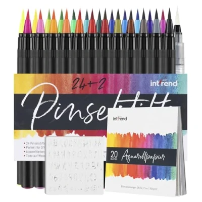 Abbildung von int!rend Brush Pen Set 51 teilig 24 Aquarellstifte, 2 Wasserstifte, 20 Blätter Aquarellpapier, 5 Schablonen Handlettering Stifte, Pinselstifte für Bullet Journal, Malen Stifte