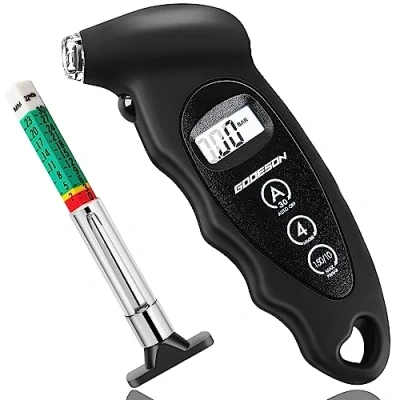 Abbildung von GODESON Digitaler Reifendruckprüfer 150 PSI 10 Bar mit 4 Einstellungen und Profiltiefenmesser für Reifen,Autozubehör hinterleuchtetem LCD,Luftdruckprüfer Geeignet Autos,LKW, Fahrräder