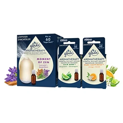 Abbildung von Glade Aromatherapy Essential Oils Duft Diffuser inkl. 3 Nachfüller, Moment of Zen, Calm Mind, Pure Happiness, (3x17,4ml)