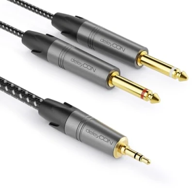 Abbildung von deleyCON 1m 3,5mm Klinke Stereo auf 2x 6,3mm Mono Kabel Y Audiokabel Splitter Digital Interface Instrument für Mixer, Audio Recorder, Gitarre, Verstärker, Mikrofon