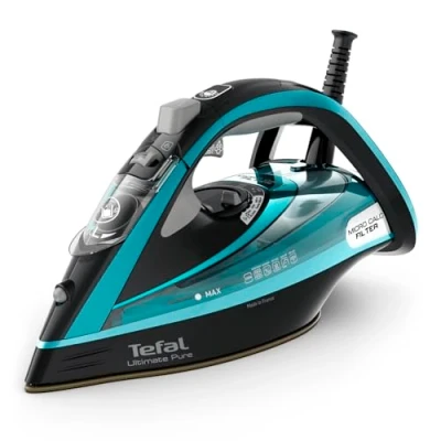 Abbildung von Tefal Dampfbügeleisen Ultimate Pure FV9844 3200 W Micro Calc Filter Durilium Airglide Autoclean Bügelsohle Automatische Abschaltung ‎ ‎0.35 Liter 31.6 x 15.1 16.3 cm Schwarz / Blau