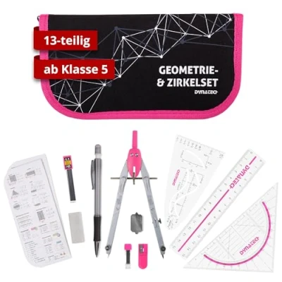 Abbildung von DynaTech Zirkel Set Geometrieset 13 Teilig mit Schnellverstellzirkel, Geodreieck, Parabel, Bleistift, Lineal, Spitzer und Ersatzminen im Etui pink praktisches Mathematik inkl. Federmappe