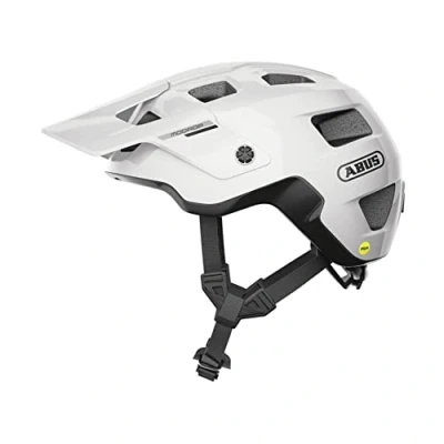 Abbildung von ABUS MTB Helm MoDrop MIPS robuster Fahrradhelm mit Aufprallschutz für Mountainbiker individuelle Passform Unisex Weiß Glänzend, Größe M, M (54 58 cm)