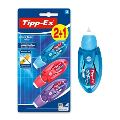 Abbildung von Tipp Ex Korrekturroller Micro Tape Twist mit Schutzkappe, in 3 Farben (nicht wählbar), 8m x 5 mm, 3er Pack, Ideal für die Schule