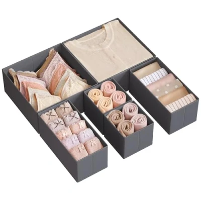 Abbildung von SONGMICS Aufbewahrungsbox für Schublade, 6er Set, Schubladen Organizer, Faltbox, Unterwäsche Stoffbox Socken, Unterwäsche, BHs, Krawatten und Schals, schiefergrau RDZ06G