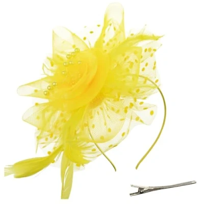 Abbildung von DRESHOW Fascinators Hut Blume Mesh Bänder Federn auf einem Stirnband und geteilten Clip Cocktail Tea Party Headwear für Mädchen Frauen, Gelb Gr. Einheitsgröße