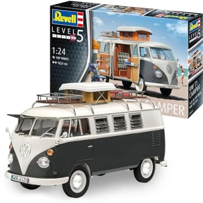 Abbildung von Revell 07674 Volkswagen VW T1 Bulli Camper, Campingbus zum Selberbauen 1:24, 18 cm originalgetreuer Modellbausatz für Experten, unlackiert