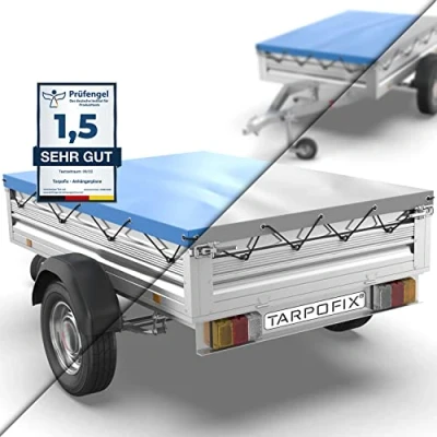 Abbildung von Tarpofix® Anhänger Plane 207 x 114 cm inkl. Planenseil Anhängerplane Flachplane aus PVC PLANENMATERIAL Verstärkte Stema Hänger Abdeckplane für 750kg PKW Autoanhänger Abdeckung Blau