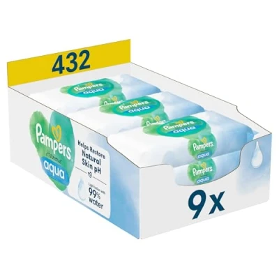 Abbildung von Pampers Harmonie Aqua Feuchttücher 9 Packungen mit jeweils 48 Feuchttüchern 432 Feuchttücher, die helfen, den natürlichen pH Wert der Haut wiederherzustellen, leichte Lotion 99% Wasser