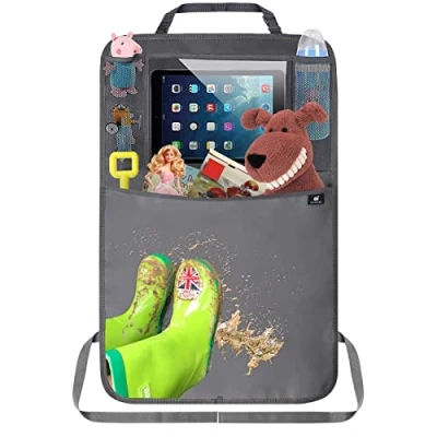 Abbildung von Termichy Rückenlehnenschutz Auto kinder,Auto Organizer,Organizer Rücksitz kinder, Wasserdichtes Plane Kick Matten Schutz für Autositz zurück mit große Aufbewahrungstasche (1 Stück,Grau)