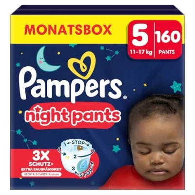 Abbildung von Pampers Night Windeln Pants Größe 5 (12kg 17kg) Baby Dry, MONATSBOX, Windelhöschen bieten zusätzlichen Schutz für die ganze Nacht, 160 Höschenwindeln