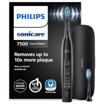 Abbildung von Philips Sonicare ExpertClean 7500 elektrische Zahnbürste, Schallzahnbürste mit App, 4 Putzmodi und 3 Intensitätsstufen, Drucksensor, Reiseetui, Schwarz, Model HX9631/16