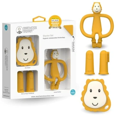 Abbildung von Matchstick Monkey Beißring/Zahnungshilfe/Beißspielzeug für wundes Zahnfleisch Starter Set / 3 Teilig Beißring Tiermotiv, Gesicht, Fingerzahnbürsten/Ludo Löwe