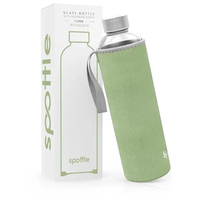 Abbildung von spottle Trinkflasche aus Glas 1l Glasflasche 500ml 750ml 1 liter mit Neoprenhülle Schutzhülle Glastrinkflasche Schraubverschluss (Pistachio, 1000 ml)