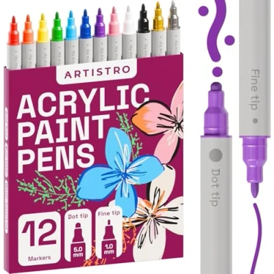 Abbildung von Artistro 12 Acrylstifte, Acrylfarbenmarker mit Doppelspitze (Pinsel + fein 1 mm), Zeichenset, Acrylmarker für Stoff, Leinwand, Stein, Glas, Holz, Papier, Farbmarker Kinder und Erwachsene