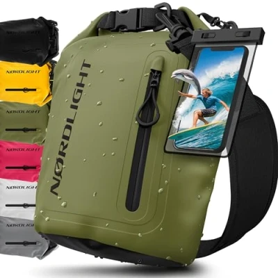 Abbildung von Nordlight Dry Bag wasserdichte Tasche mit Handyhülle + Roll Top, Schultergurt Drybag wasserfester Rucksack Beutel Packsack Seesack Wassersack Wetbag Baden Schwimmen Strand SUP Olivgrün, 5 Liter