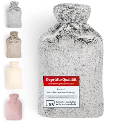 Abbildung von Blumtal Premium Wärmflasche mit Bezug aus weichem Kunstfell 1,5l Wärmeflasche Naturkautschuk Freundin Geschenk Hot Water Bag Luxus auslaufsichere Bettflasche Grau