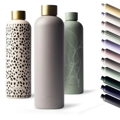 Abbildung von MAMEIDO Trinkflasche Edelstahl 500ml, 750ml &amp; 1l auslaufsichere Thermosflasche, Kohlensäure geeignet, BPA frei, Isolierflasche 12h heiß 24h kalt (Taupe Grey Gold, 0,5l)