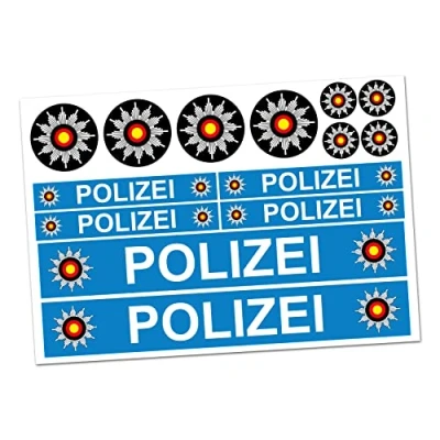 Abbildung von Finest Folia 6 x Polizei Aufkleber Sticker für Auto Boot Caravan Bus Bike Fahrrad Dreirad Rutschauto Spielauto Modellbau Helm RC Car Plakette (R023 Blau)