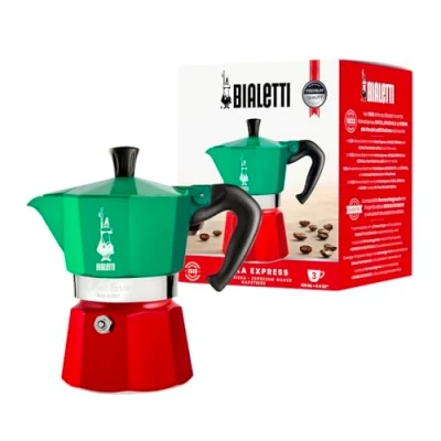 Abbildung von Bialetti Moka Express Italia Kollektion: Ikonische Espressomaschine für die Herdplatte, macht echten Italienischen Kaffee, Kanne 3 Tassen (130 ml), Aluminium, in Rot Grün Silber gefärbt