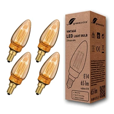 Abbildung von greenandco 4x Vintage Design LED Birne zur Stimmungsbeleuchtung E14 C35 gold 2W 65lm 1800K extra warmweiß 320 230V flimmerfrei nicht dimmbar Edison Glühbirne