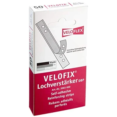Abbildung von VELOFLEX 2003000 Lochverstärker VELOFIX (DBP) 105 x 15mm, selbstklebend, glasklar, 50er Packung