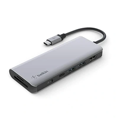 Abbildung von Belkin 7 in 1 Multiport USB C Hub (mit 4K HDMI, C, 2x A, 3,5 mm Audioklinke, SD 3.0 und microSD Steckplatz für Geräte wie MacBook Pro, Air, iPad Pro XPS)